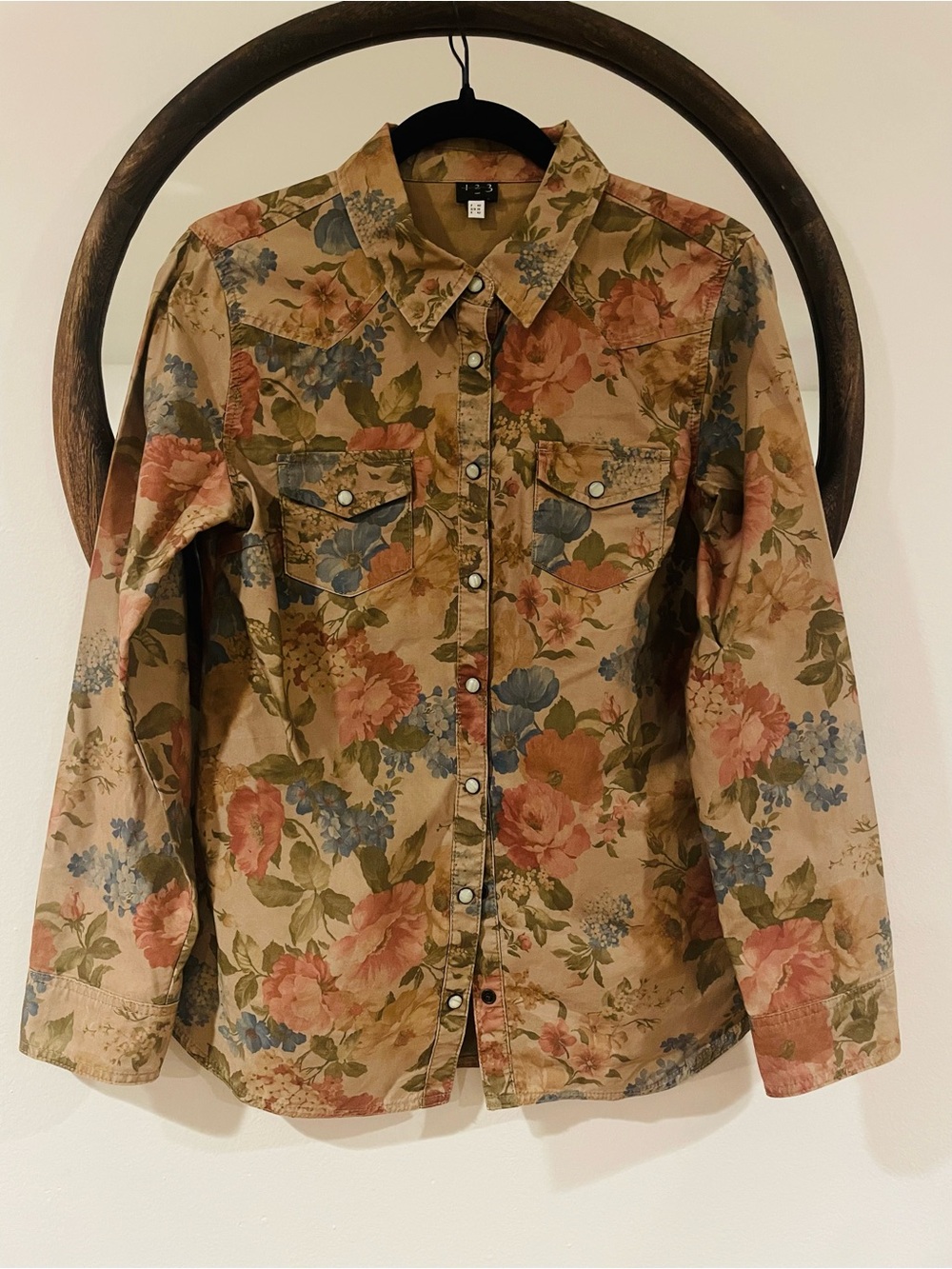 Floral Western Snap-Front Button Shirt in Beige, Pink & Blue